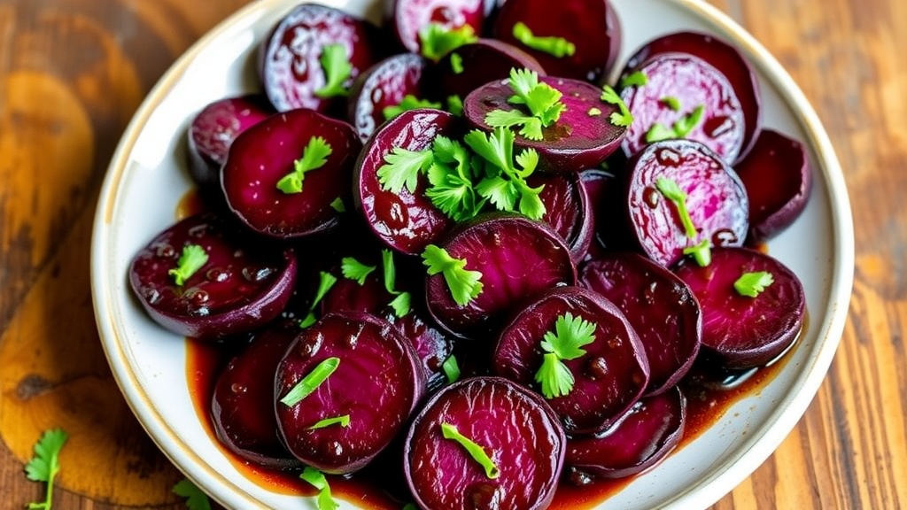Savory Balsamic Roasted Beets Recipe A plate of Balsamic Roasted Beets garnished with herbs on a rustic table.